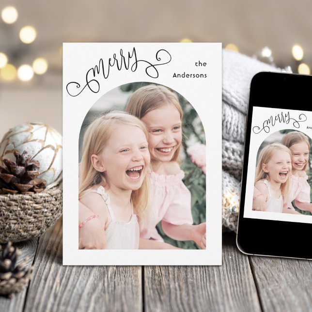 Tarjeta Festiva Merry Whimsical Script Simple Arch Photo Christmas (Subido por el creador)