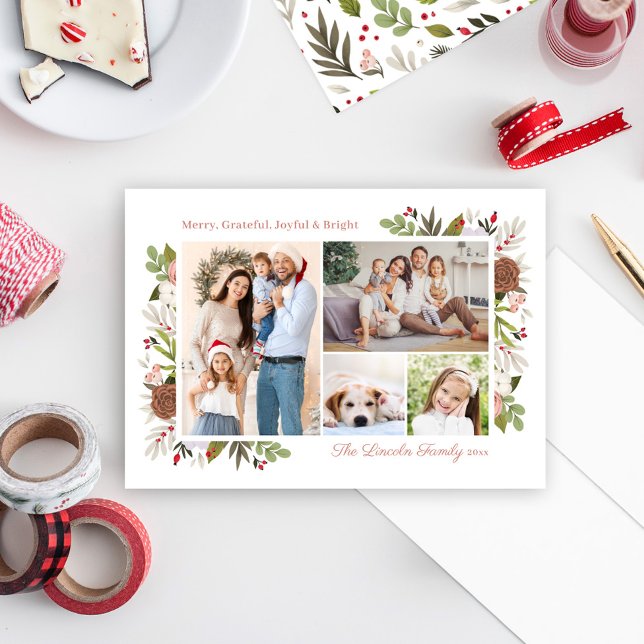 Tarjeta Festiva Merry Winter Floral 4 Picture Family Photo Collage (Subido por el creador)