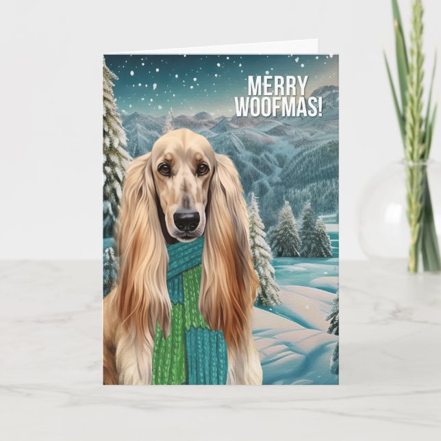 Tarjeta Festiva Merry Woofmas Afghan Hound Dog in Winter Scarf (Anverso)
