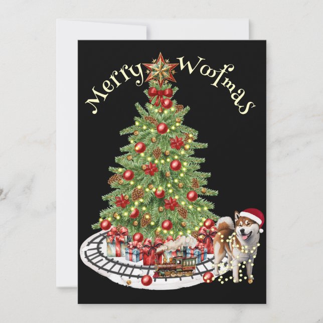 Tarjeta Festiva Merry Woofmas Dog Design- Akita (Anverso)