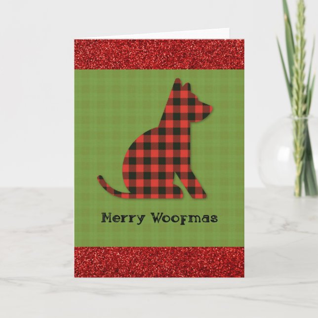 Tarjeta Festiva Merry Woofmas Plaid Dog Navidades (Anverso)