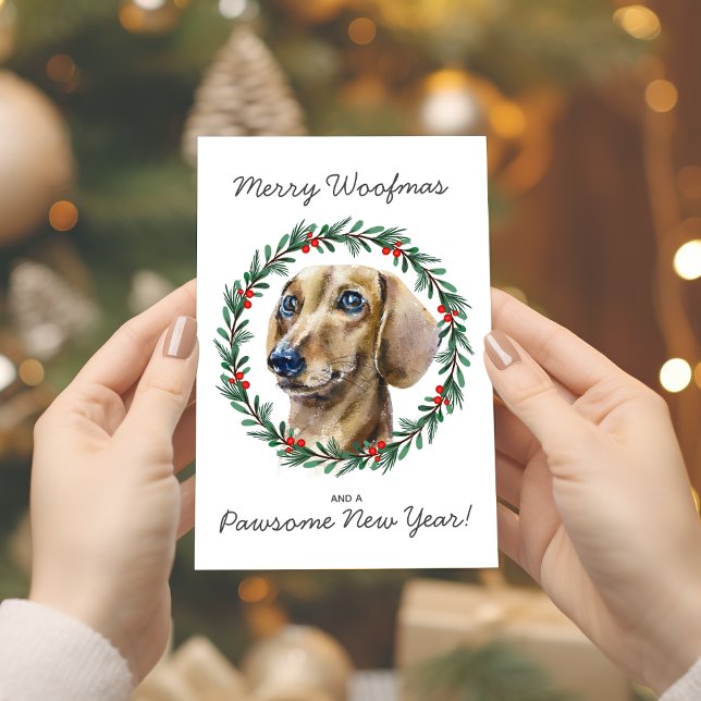 Tarjeta Festiva Merry Woofmas Watercolor Dachshund Wreath (Edit any of the text on cardfront, also verse and 'from' text inside.)