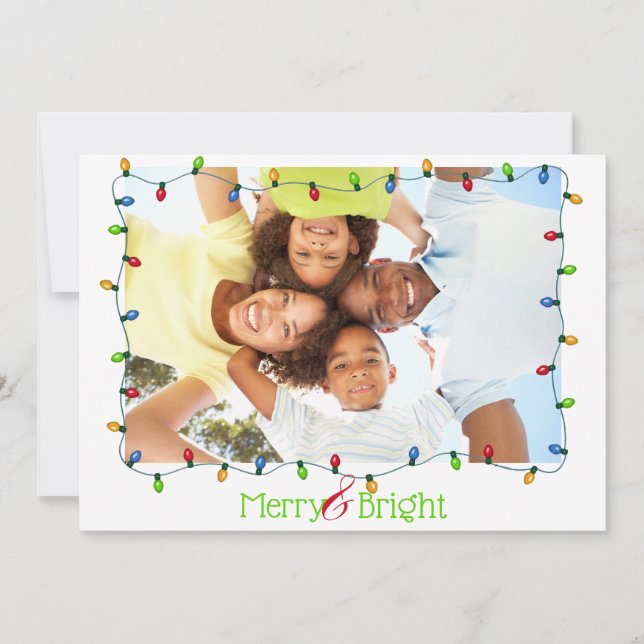 Tarjeta Festiva Merry y Bright 2 fotos Navidades modernos luces (Anverso)