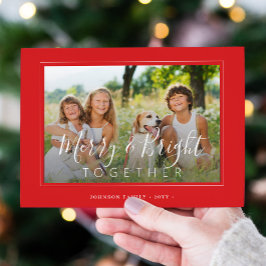 Tarjeta Festiva Merry y Bright 4 fotos de Navidades modernos rojo
