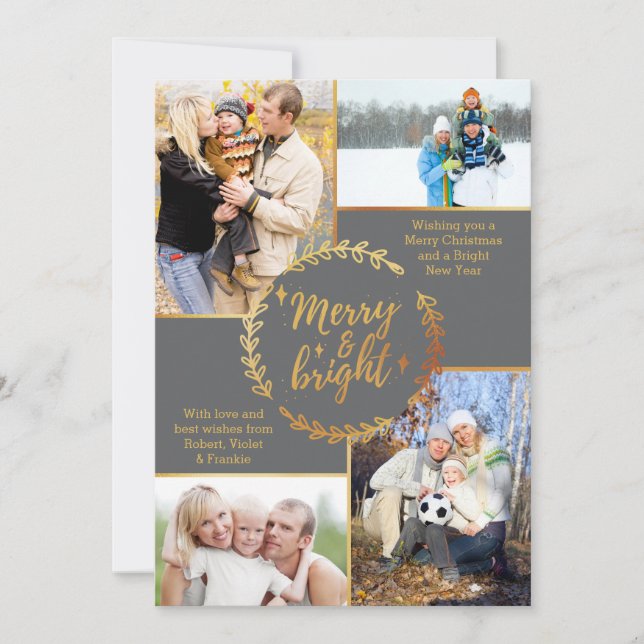 Tarjeta Festiva Merry y Bright 4 Navidades Gray Gold de Collage de (Anverso)