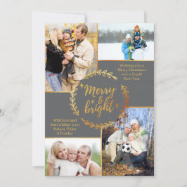 Tarjeta Festiva Merry y Bright 4 Navidades Gray Gold de Collage de