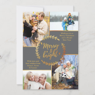 Tarjeta Festiva Merry y Bright 4 Navidades Gray Gold de Collage de