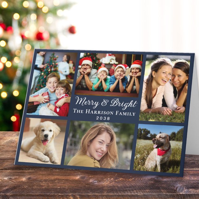 Tarjeta Festiva Merry Y Bright 6 Navidades Azules Collages de foto (This holiday season, let the magic of your cherished moments unfold with our 6 photo Christmas card)