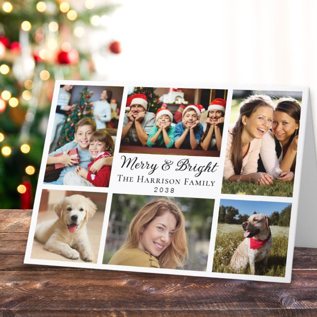 Tarjeta Festiva Merry Y Bright 6 Navidades Collages de fotos (This holiday season, let the magic of your cherished moments unfold with our 6 photo Christmas card)