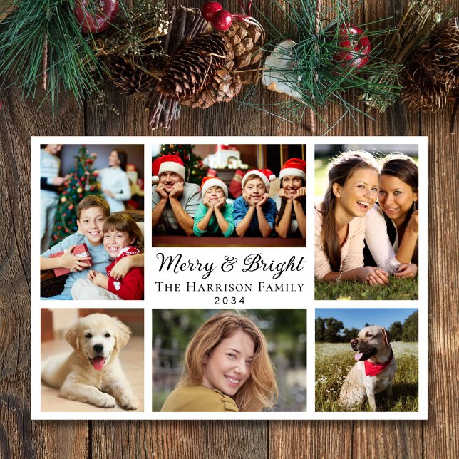 Tarjeta Festiva Merry Y Bright 6 Navidades Collages de fotos (This holiday season, let your family's smiles and heartwarming memories shine on our 6 photo card)