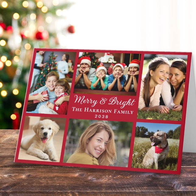 Tarjeta Festiva Merry Y Bright 6 Navidades Rojos Collages de fotos (This holiday season, let the magic of your cherished moments unfold with our 6 photo Christmas card)