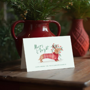 Tarjeta Festiva Merry y Bright Dachshund Dog Navidades Sweater