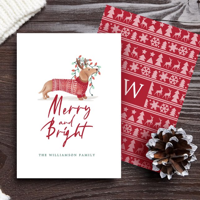 Tarjeta Festiva Merry y Bright | Dachshund Navidades Sweater (Merry & Bright | Dachshund Christmas Sweater Holiday Card)