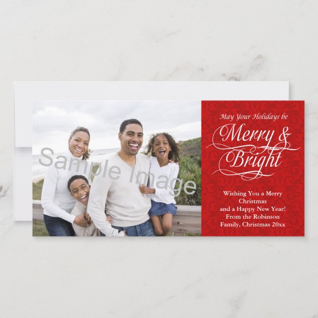 Tarjeta Festiva Merry y Bright, Damasco Rojo (Anverso)
