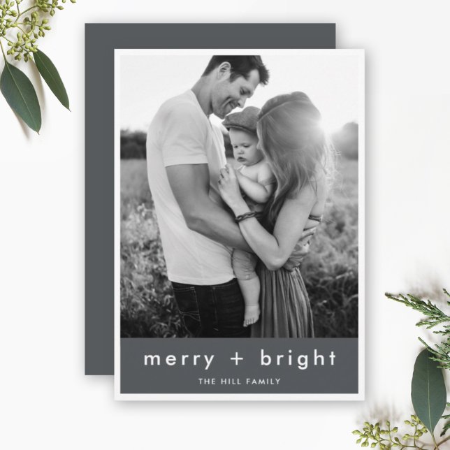 Tarjeta Festiva Merry y Bright | Elegante foto de Navidades Gris (Subido por el creador)
