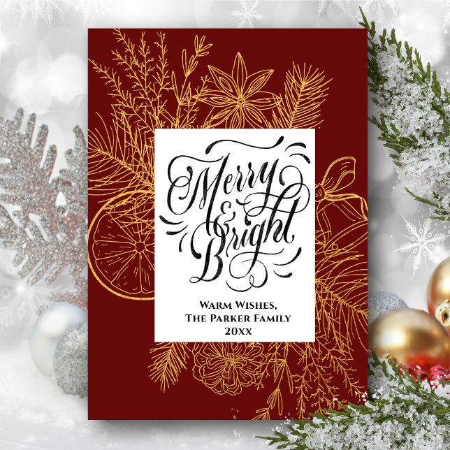 Tarjeta Festiva Merry y Bright Gold Citrs Pine Tree Bough Red (Subido por el creador)