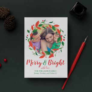 Tarjeta Festiva Merry y Bright   Holly Wreath Alegre Una Foto