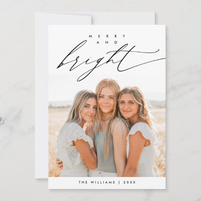 Tarjeta Festiva Merry y Bright, Navidades Familia Foto Layover (Anverso)
