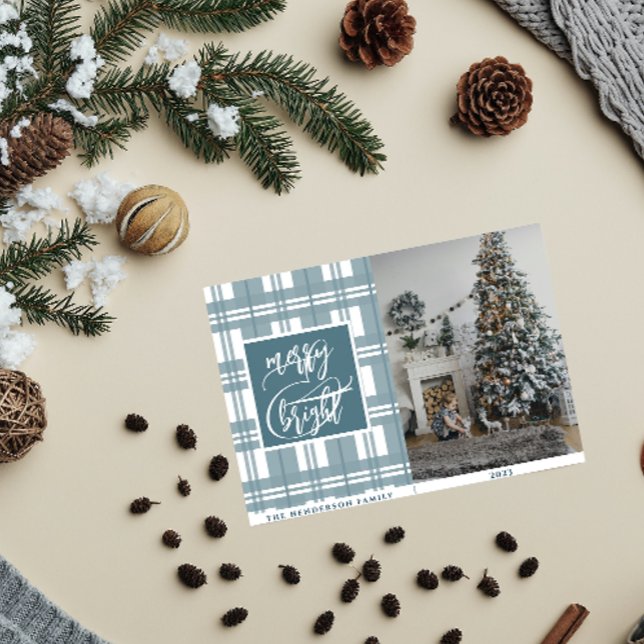 Tarjeta Festiva Merry y Bright | Nombre de familia y foto | Mint G (Subido por el creador)