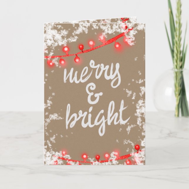 Tarjeta Festiva Merry y Bright Writing Red Snowy Tree iluminan Kra (Anverso)
