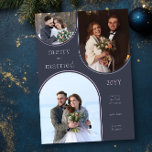 Tarjeta Festiva Merry y casados Simple Moderno recién casados 3 Fo<br><div class="desc">Para tu primera navidad como pareja casada, esta simple y retro tarjeta de fotos de vacaciones moderna muestra 3 de tus fotos favoritas de bodas o navidades. Sus fotografías se muestran en un trío de marcos en forma de arco y el diseño está escrito con letras "alegres y casados". También...</div>
