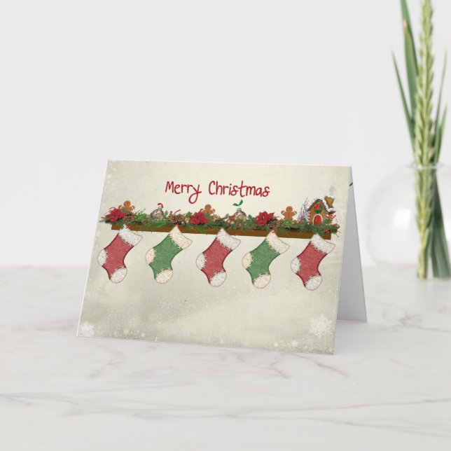 Tarjeta Festiva Mery Christmas Stockings on Mantle (Anverso)