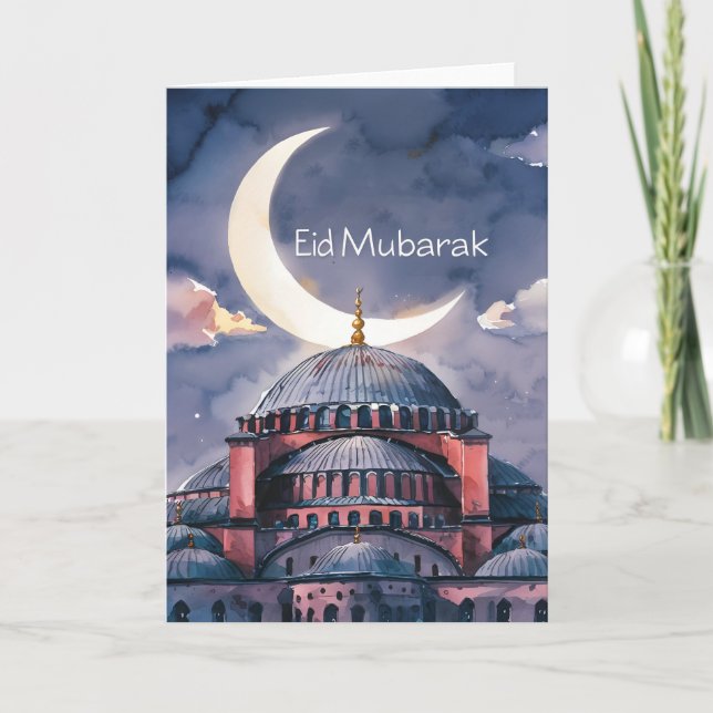 Tarjeta Festiva Mezquita acuarela luna Eid Mubarak luna creciente (Anverso)
