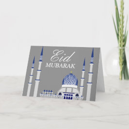 Tarjeta Festiva Mezquita azul y blanca elegante Eid Mubarak