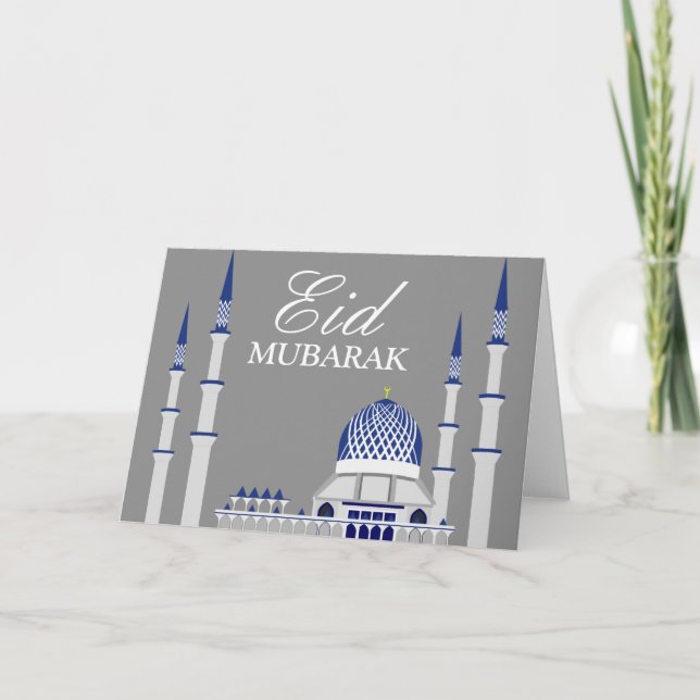 Tarjeta Festiva Mezquita azul y blanca elegante Eid Mubarak (Anverso)