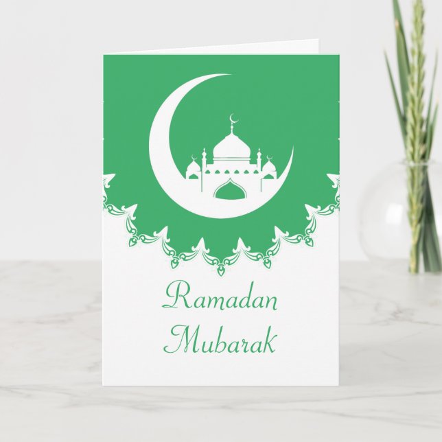 Tarjeta Festiva Mezquita Blanca en Crescent Moon Ramadan, verde (Anverso)