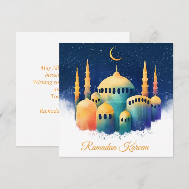 Tarjeta Festiva Mezquita Central de Acuarela Ramadan Kareem Mubara (Anverso / Reverso)