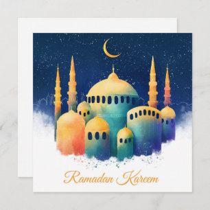 Tarjeta Festiva Mezquita Central de Acuarela Ramadan Kareem Mubara