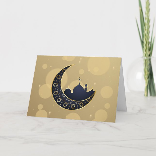 Tarjeta Festiva Mezquita Crescent Luna Ramadán, azul, oro (Anverso)