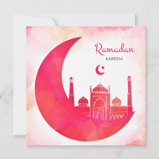 Tarjeta Festiva Mezquita de acuarela Ramadan Kareem y media luna (Anverso)
