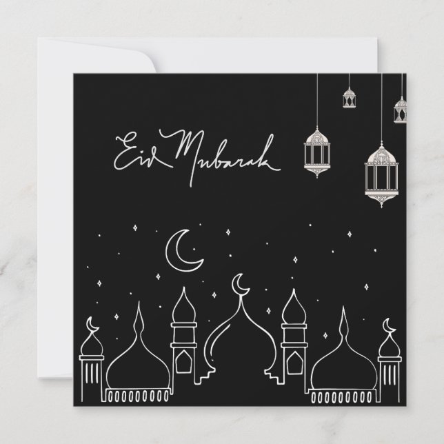 Tarjeta Festiva Mezquita de Arte de la Línea Eid Mubarak Negra (Anverso)