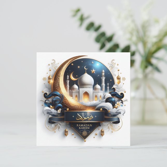 Tarjeta Festiva Mezquita dorada Eid Ramadan creciente luna azul bl (Anverso de pie)