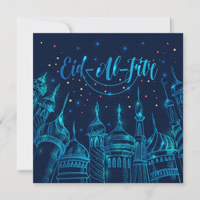 Tarjeta Festiva Mezquita Eid al Fitr Mubarak Estrellas de fuegos a (Anverso)