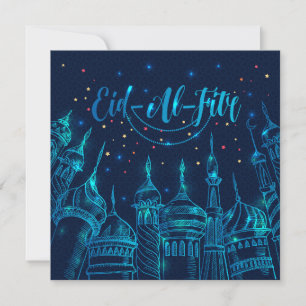 Tarjeta Festiva Mezquita Eid al Fitr Mubarak Estrellas de fuegos a