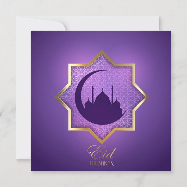 Tarjeta Festiva Mezquita Eid Mubarak Estrella Crescent Oro Púrpura (Anverso)