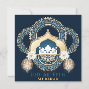 Tarjeta Festiva Mezquita Eid Mubarak Linterna islámica Azul blanco