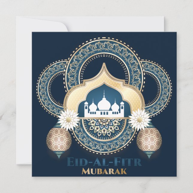 Tarjeta Festiva Mezquita Eid Mubarak Linterna islámica Azul blanco (Anverso)