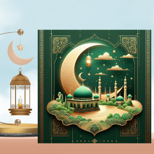 Tarjeta Festiva Mezquita Eid Mubarak Oro Verde Crescent