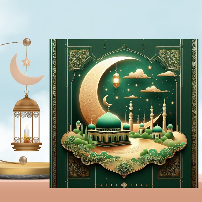Tarjeta Festiva Mezquita Eid Mubarak Oro Verde Crescent (Subido por el creador)