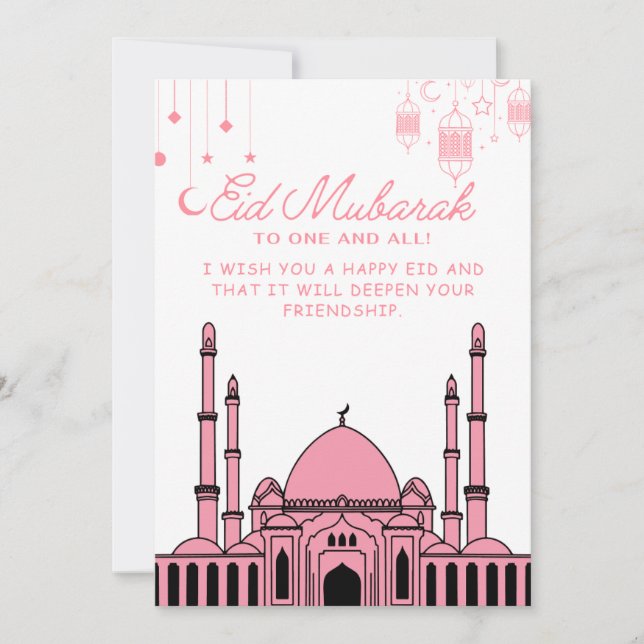 Tarjeta Festiva Mezquita Eid Mubarak Rosa (Anverso)