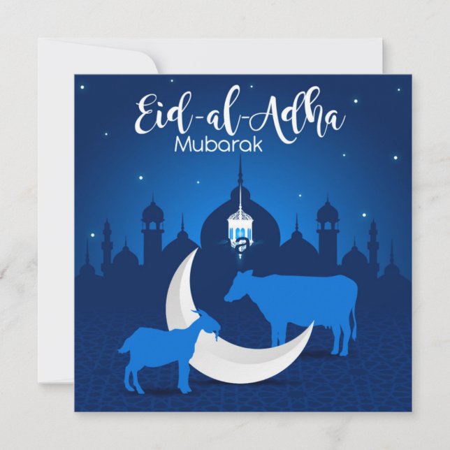 Tarjeta Festiva Mezquita Eid ul Adha Mubarak Estrellas azul blanco (Anverso)