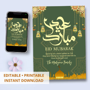 Tarjeta Festiva Mezquita festiva verde y dorada 3D Eid Mubarak
