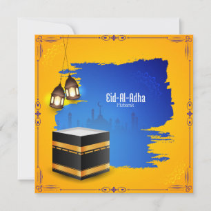 Tarjeta Festiva Mezquita Linterna Islámica EidulAdha Amarillo Azul