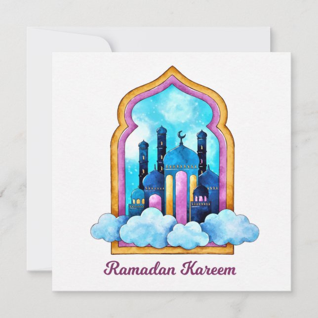 Tarjeta Festiva Mezquita musulmana de la acuarela Ramadan Kareem (Anverso)