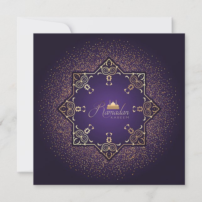 Tarjeta Festiva Mezquita Ramadan Mubarak morado y dorado (Anverso)