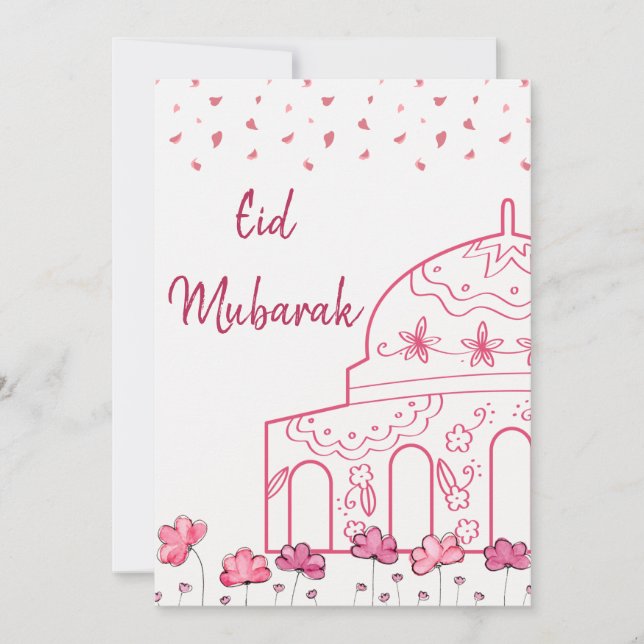 Tarjeta Festiva Mezquita rosa floral cúrcuta Eid Mubarak (Anverso)